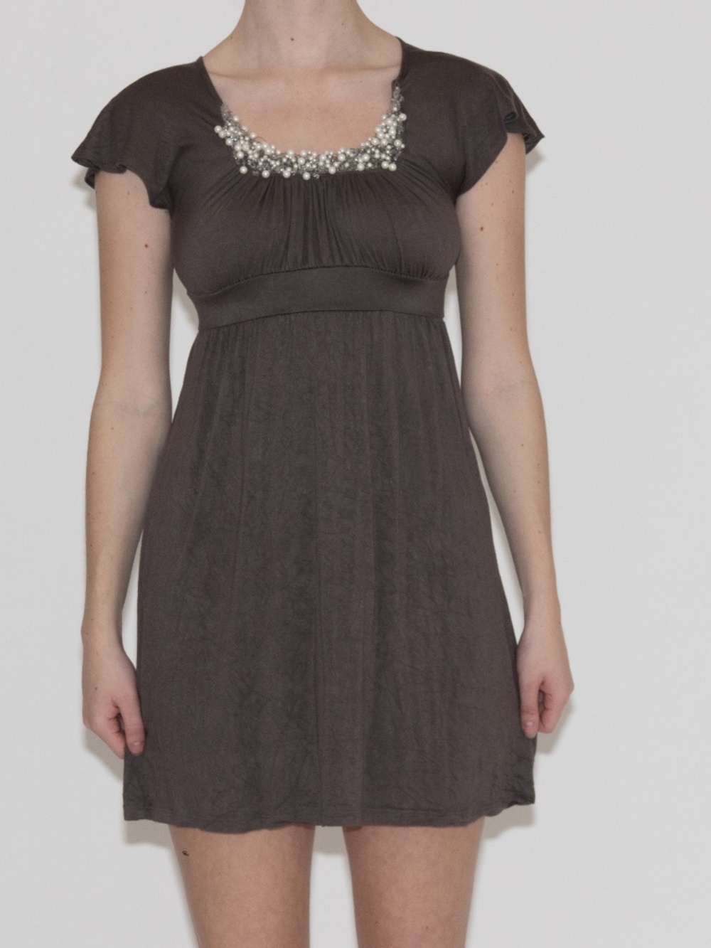 2010s grey beaded mini dress pearl beads empire waist size small